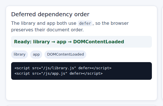 Deferred library and application scripts completing in document order before DOMContentLoaded