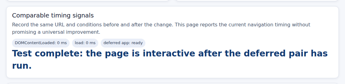 Browser navigation timing fields and deferred application readiness signals