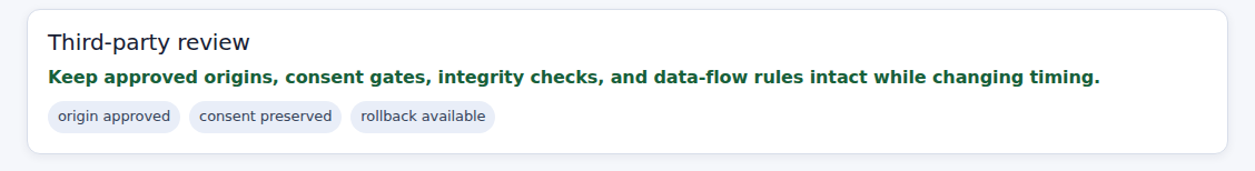 Third-party script review showing approved origin, consent, integrity, data flow, and rollback controls