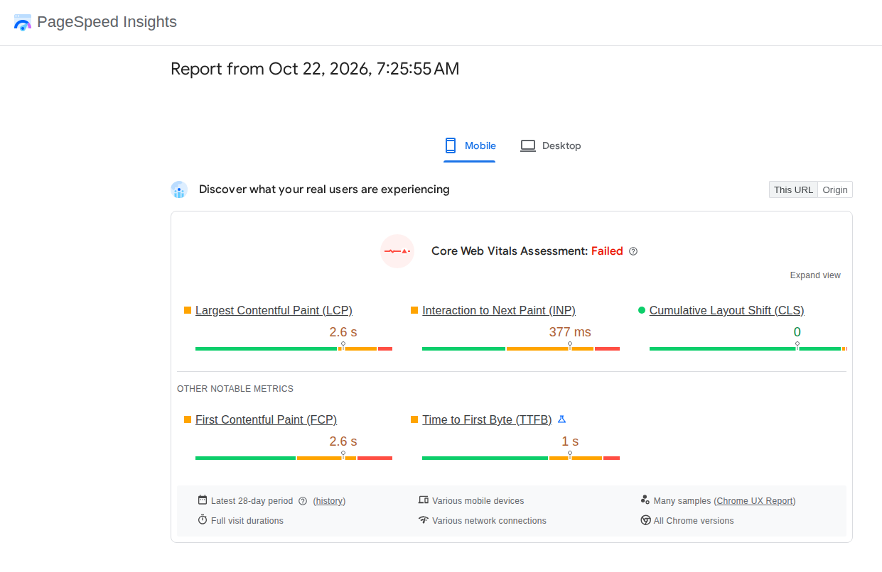 PageSpeed Insights mobile report showing Core Web Vitals and mobile device test context