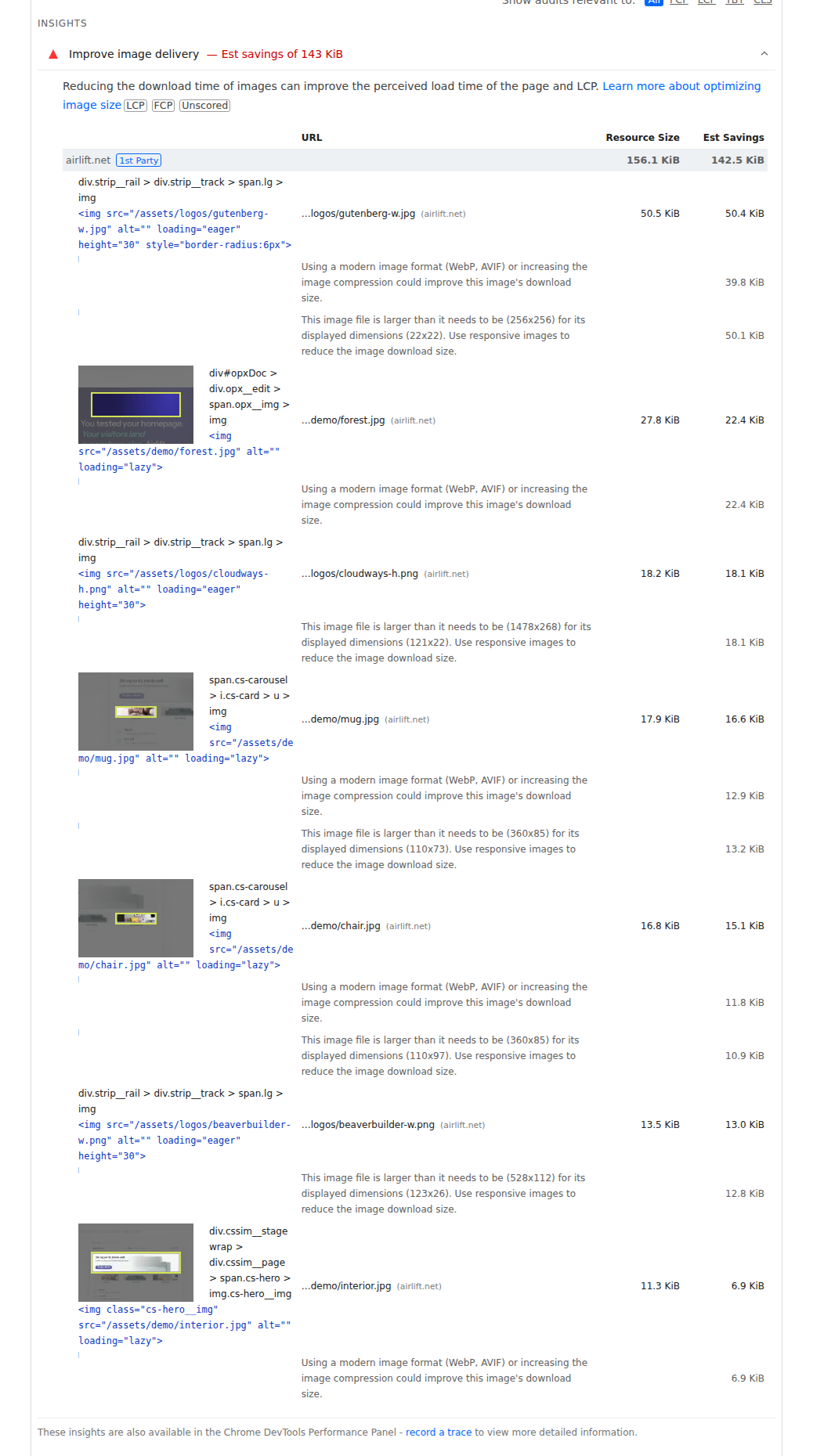 PageSpeed Insights Improve image delivery audit showing estimated savings