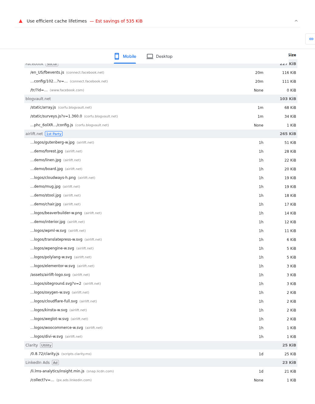 PageSpeed Insights Use efficient cache lifetimes audit showing estimated savings