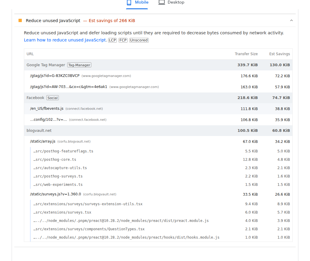 PageSpeed Insights Reduce unused JavaScript diagnostic showing estimated savings