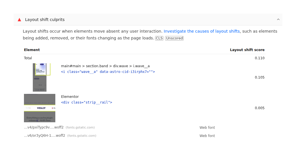 PageSpeed Insights Layout shift culprits audit