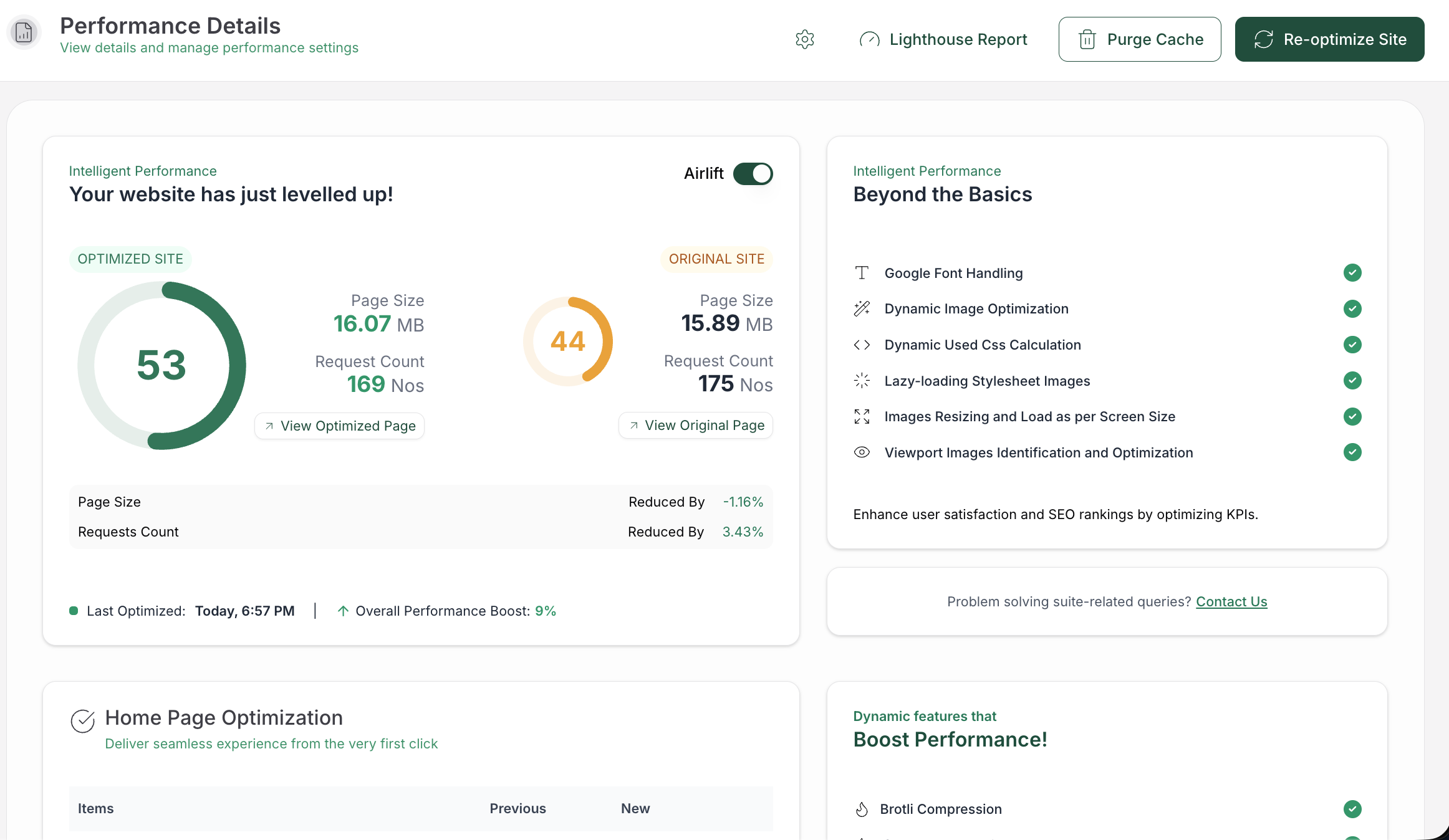 Airlift performance page for testing WordPress website speed