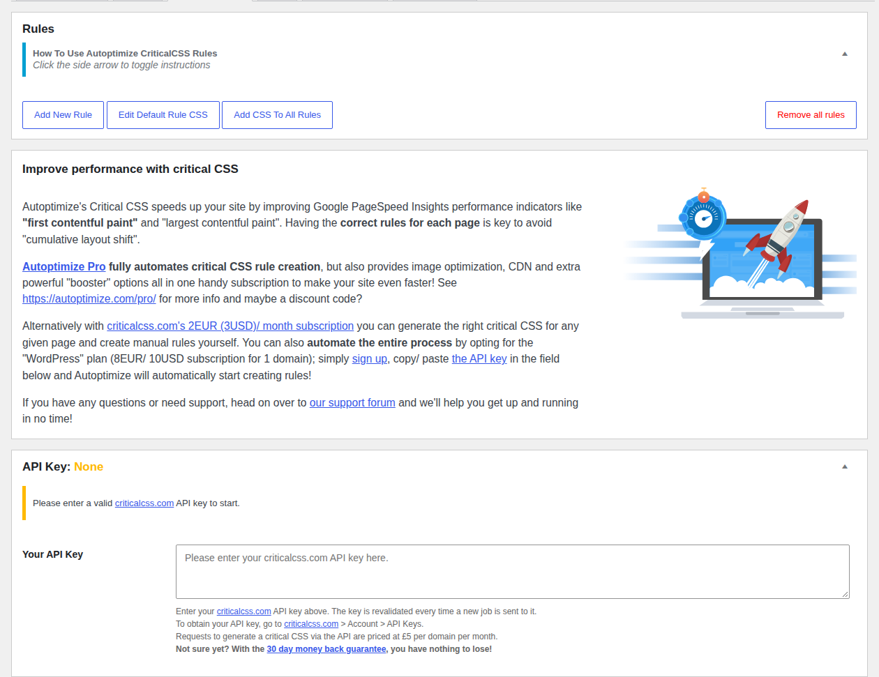 Autoptimize Critical CSS panel with empty rules and no API key configured