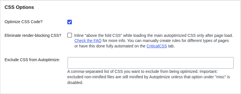 Autoptimize controls for deferring CSS and defining stylesheet exclusions