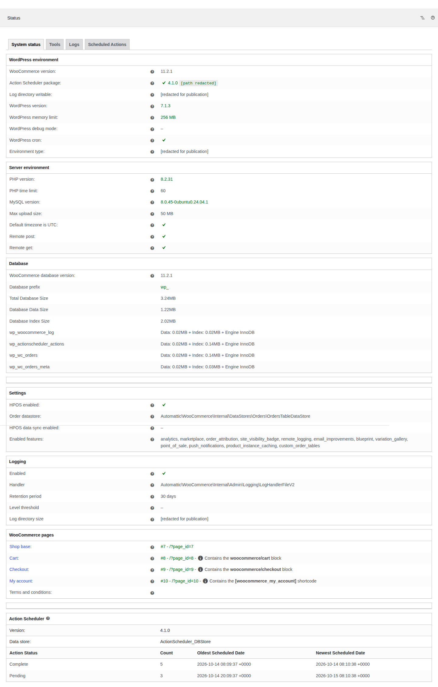 WooCommerce System Status report showing environment, order storage, logs, and Action Scheduler details