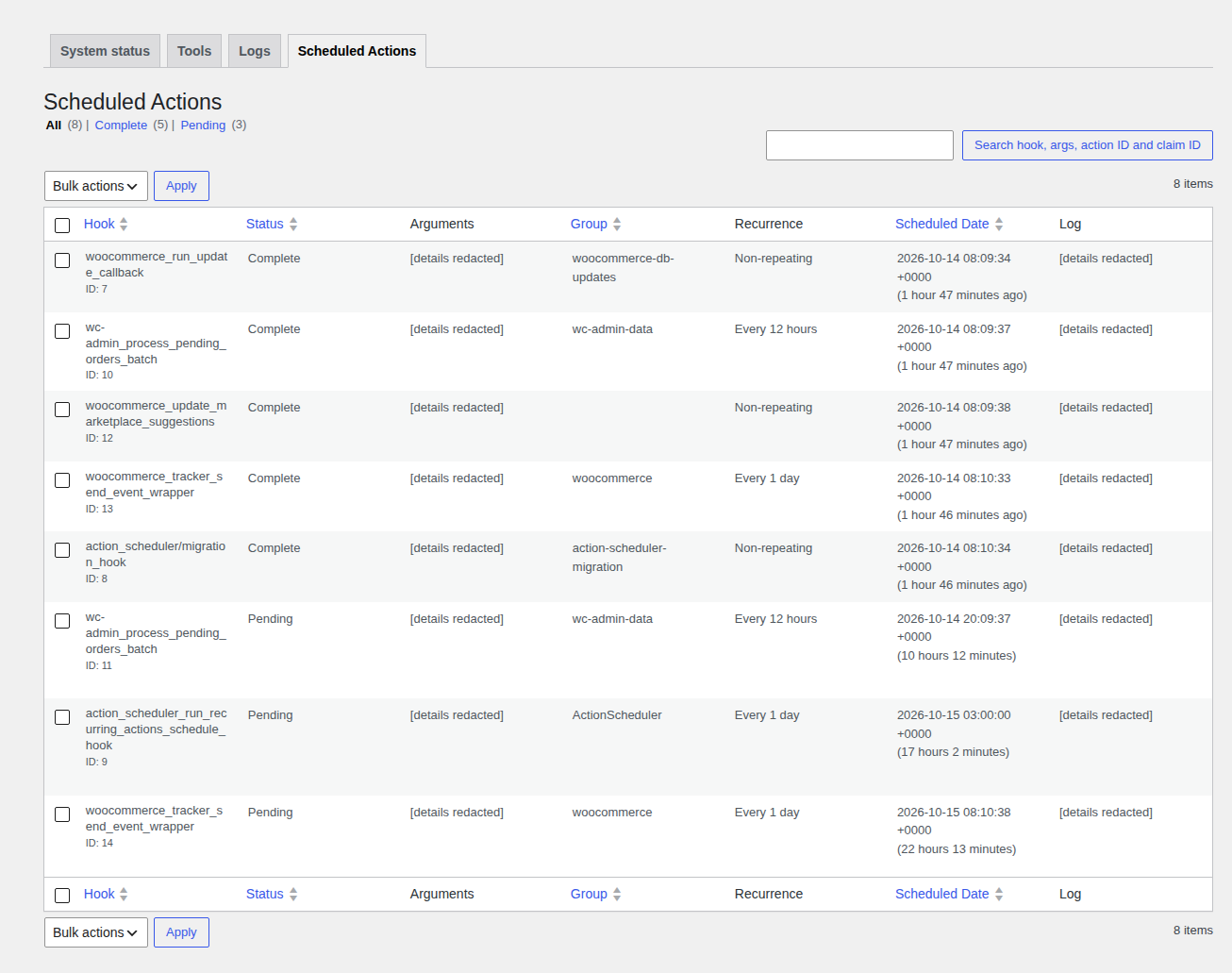 WooCommerce Scheduled Actions table showing completed and pending background tasks