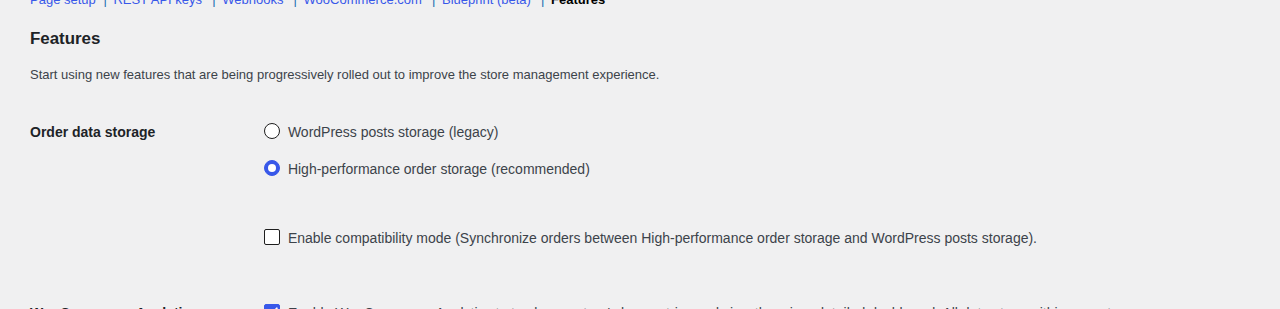 WooCommerce Features settings showing High-Performance Order Storage controls