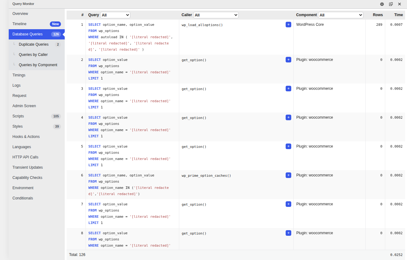 Query Monitor Database Queries panel showing SQL queries, callers, components, row counts, and query timing