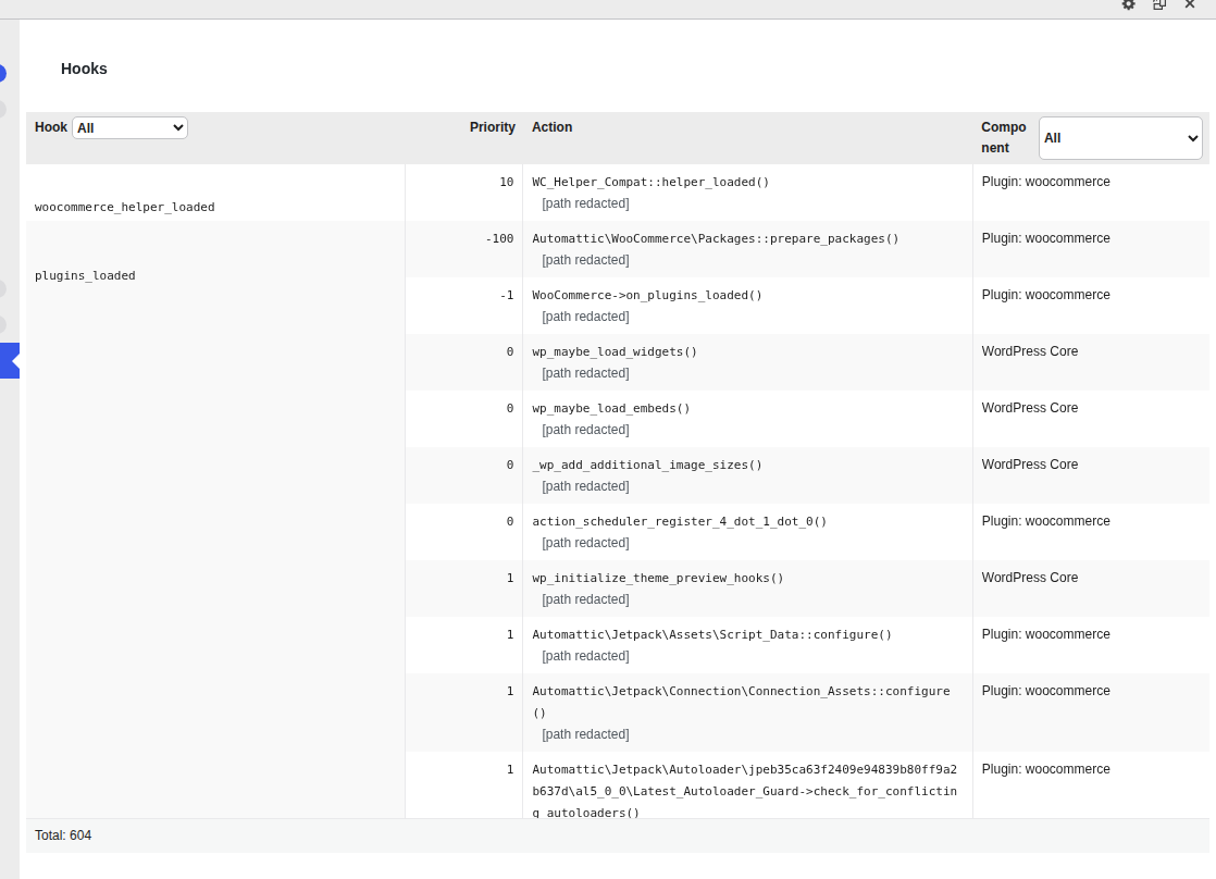 Query Monitor Hooks and Actions panel showing hook activity for a WooCommerce Scheduled Actions request