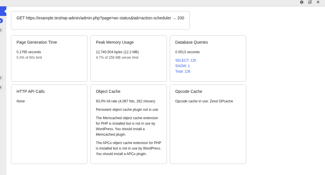 Query Monitor Overview panel showing page-generation time, memory usage, database queries, HTTP API state, and object-cache status