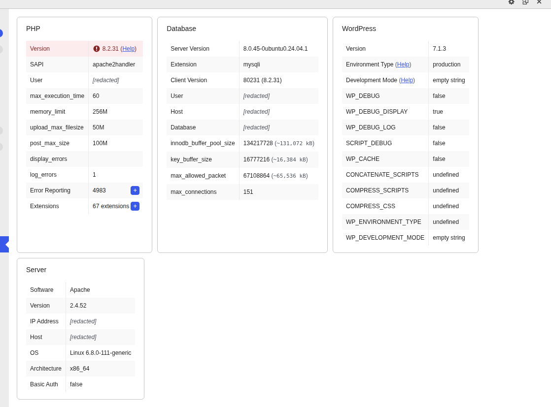 Query Monitor Environment report showing PHP limits, database details, WordPress settings, and server context