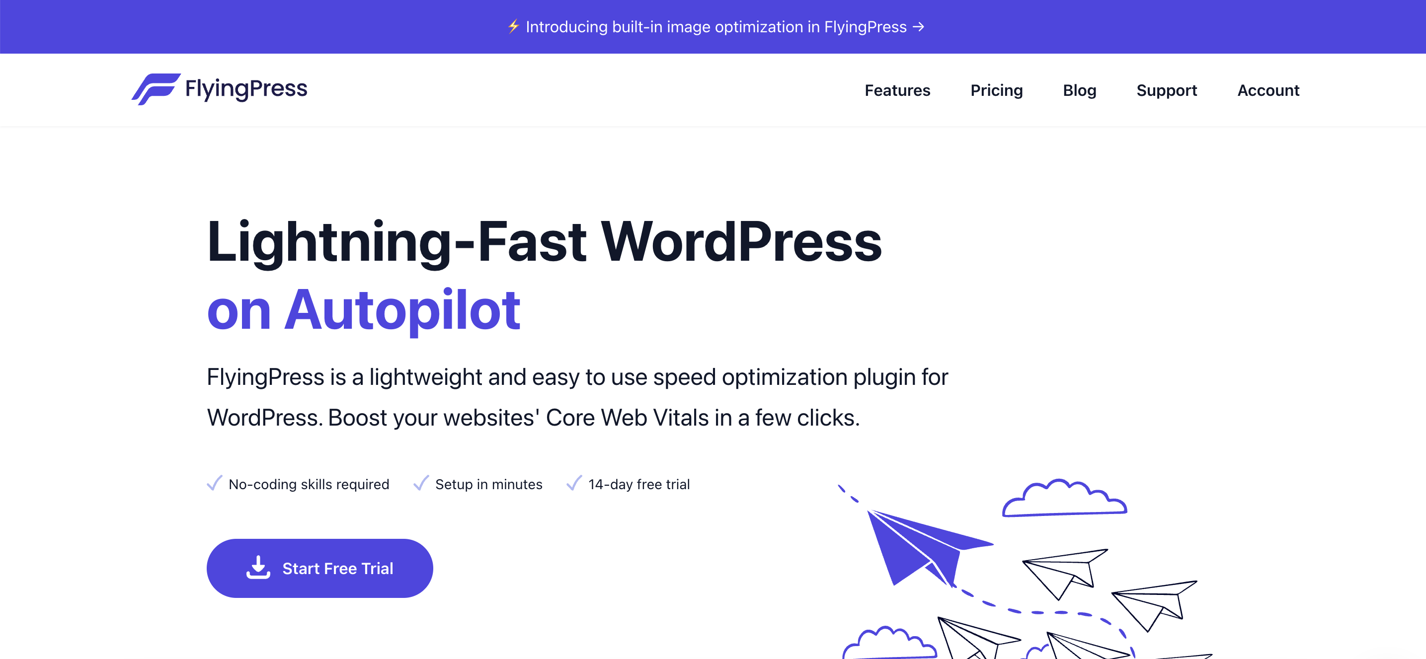 FlyingPress homepage showing WordPress caching and performance optimization features