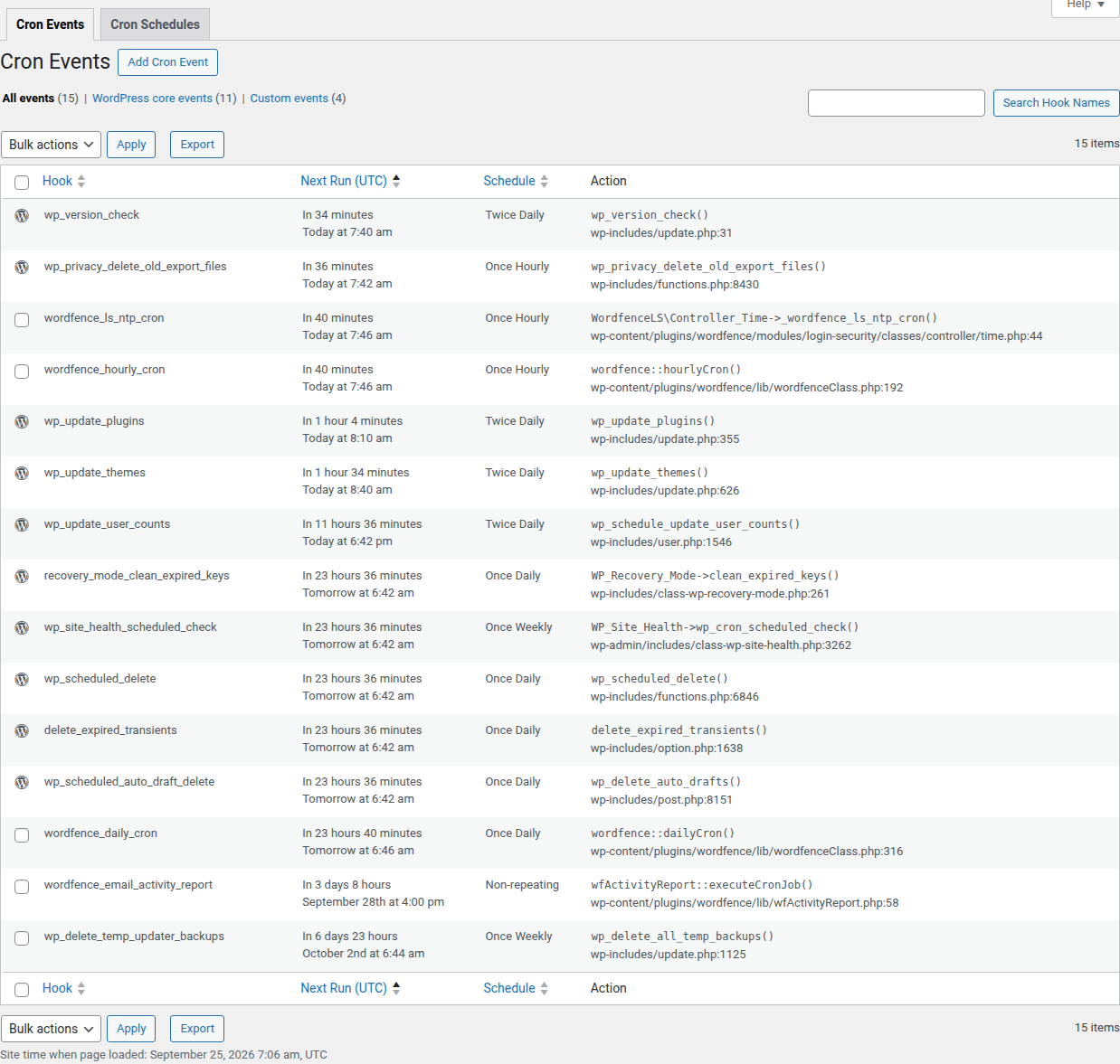WP Crontrol Cron Events table showing scheduled hooks and their run times