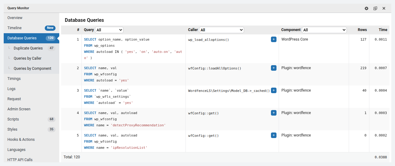 Query Monitor Database Queries panel showing callers, components, row counts, and query timings