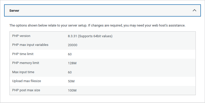 WordPress Site Health Info Server section showing PHP and server resource limits