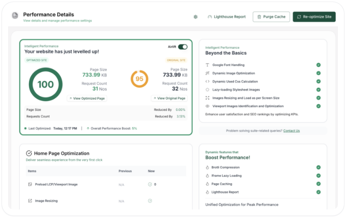 Airlift performance dashboard showing performance optimization controls and results