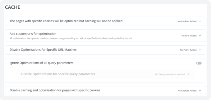 Airlift Optimization Settings Cache section showing cache controls