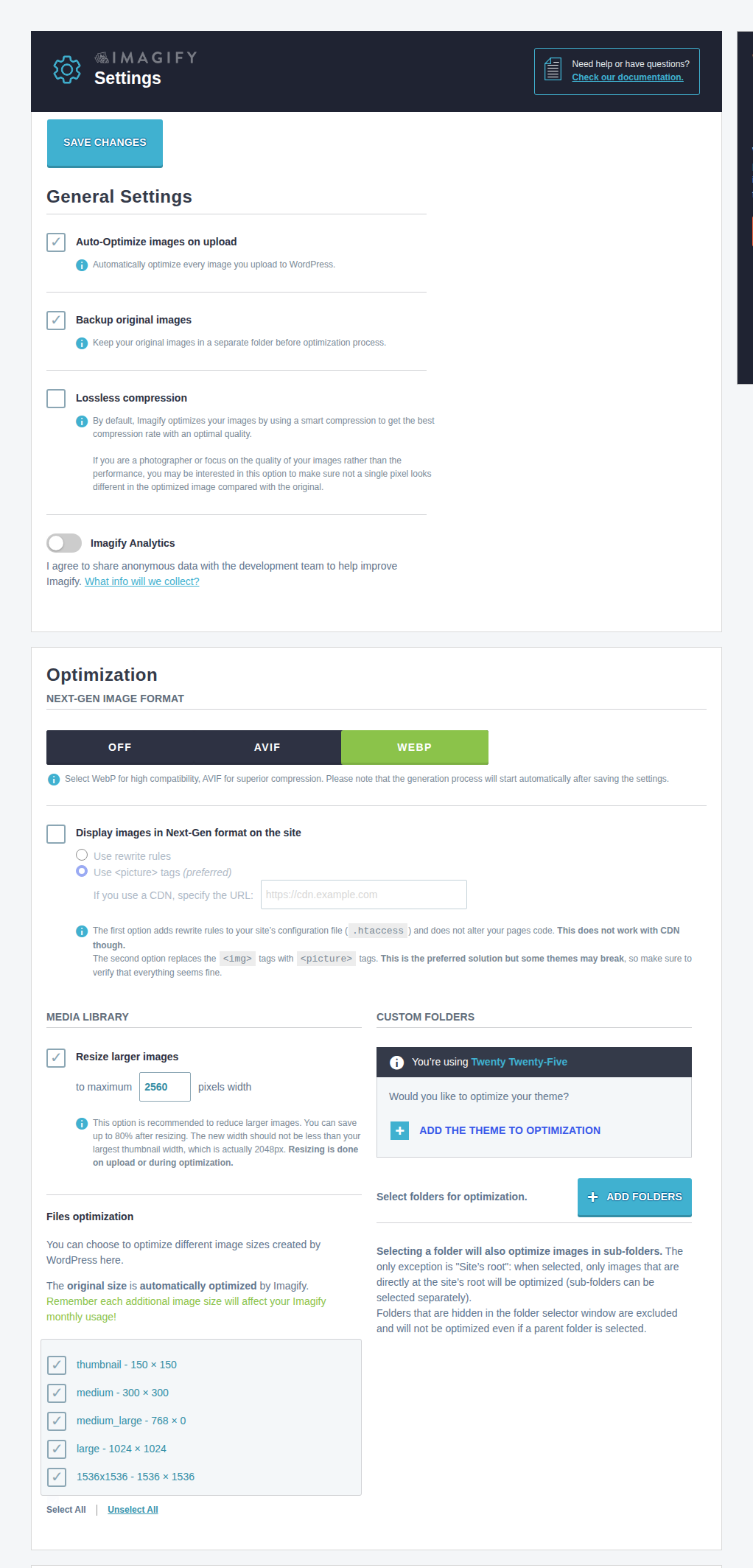 Imagify settings showing backups, resizing, and modern-format controls