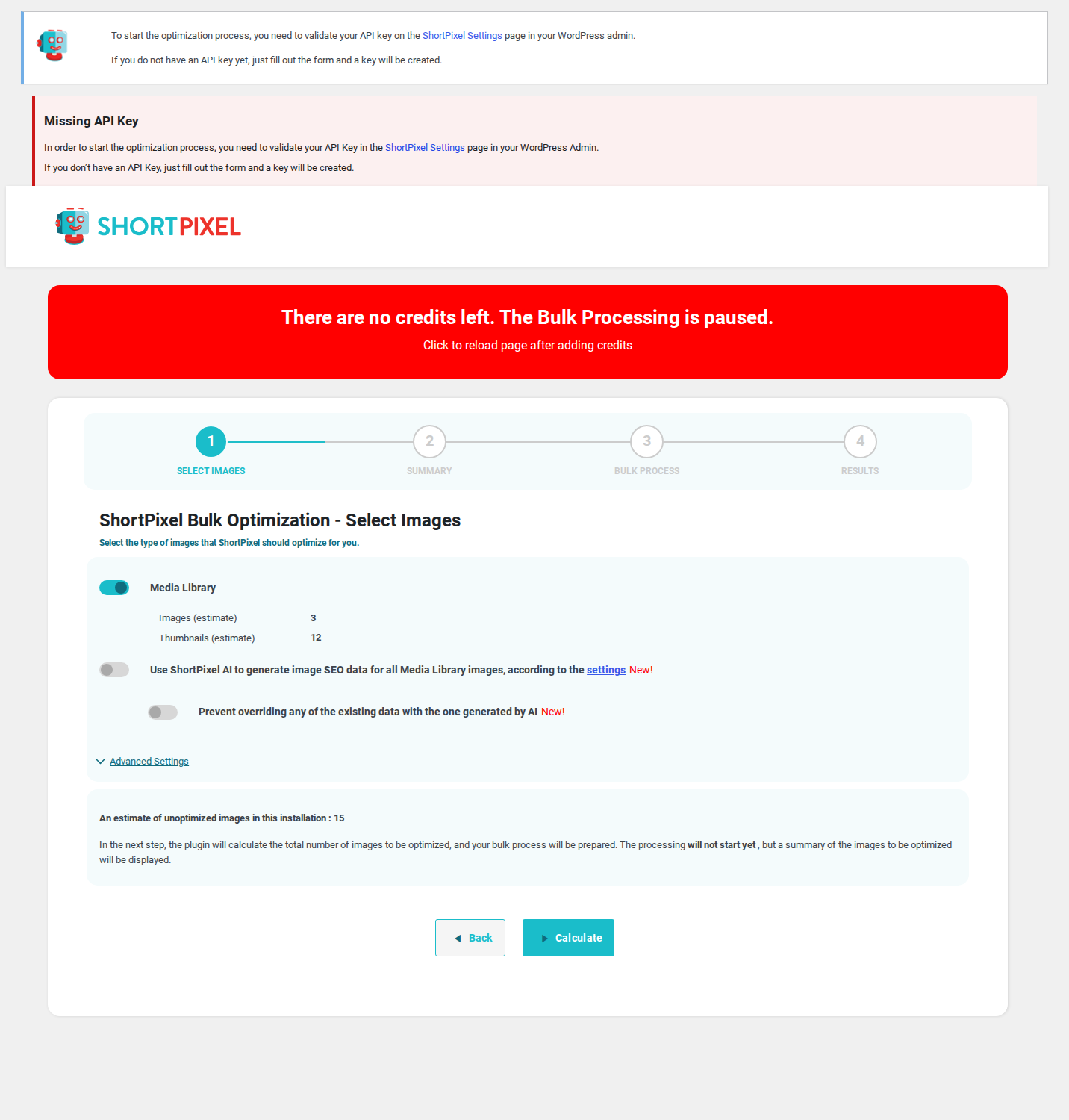 ShortPixel bulk screen showing its account and credit gate