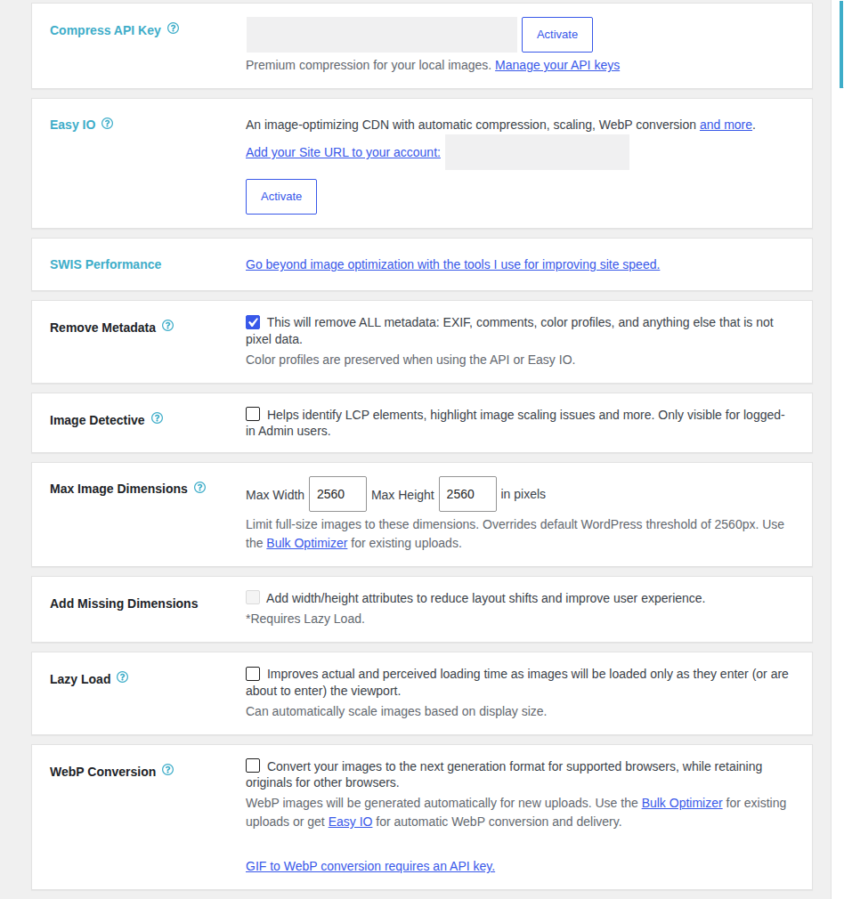 EWWW settings showing local and cloud processing choices