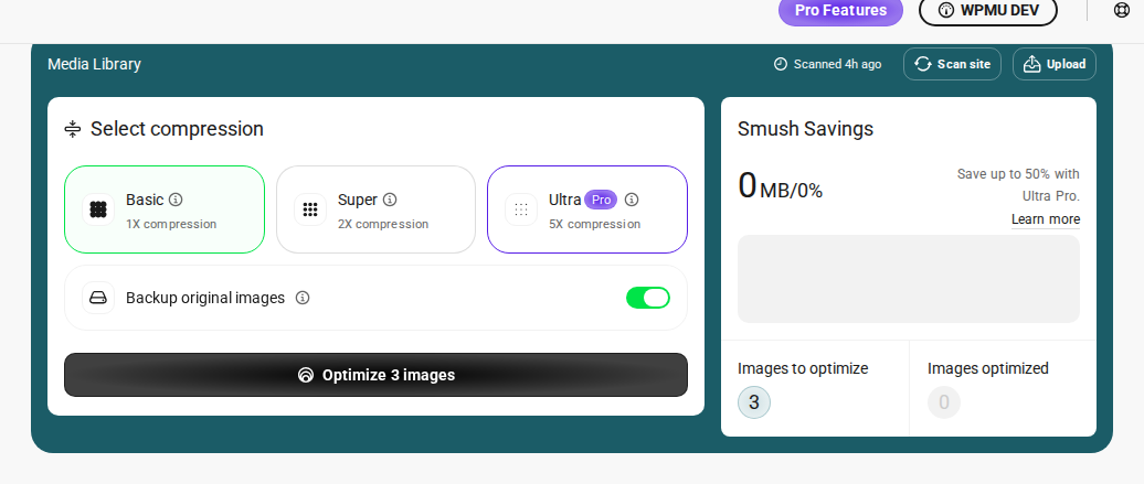 Smush dashboard showing bulk optimisation controls