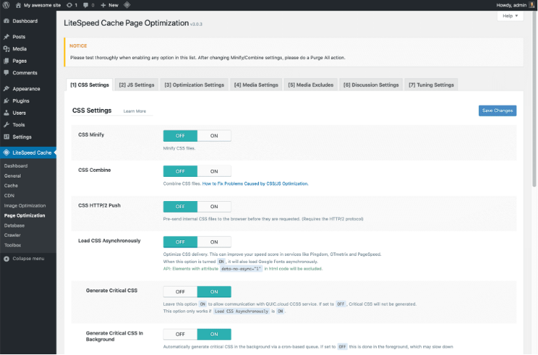 LiteSpeed Cache Page Optimization settings