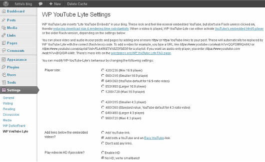 WP YouTube Lyte settings