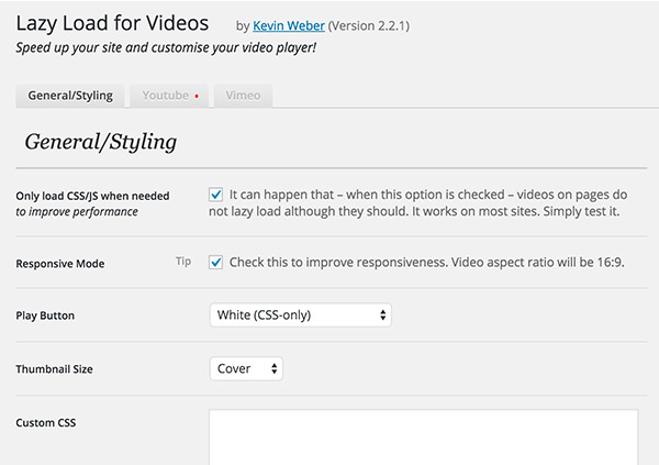 Lazy Load for Videos options panel