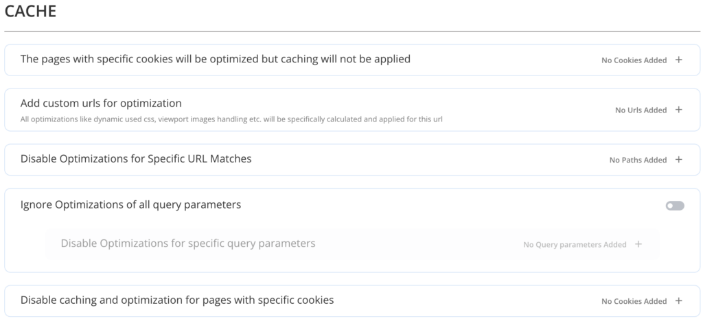 Cache section options in Airlift Optimization Settings