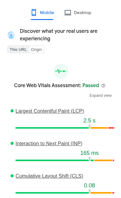 PageSpeed Insights Core Web Vitals overview showing LCP, INP, and CLS