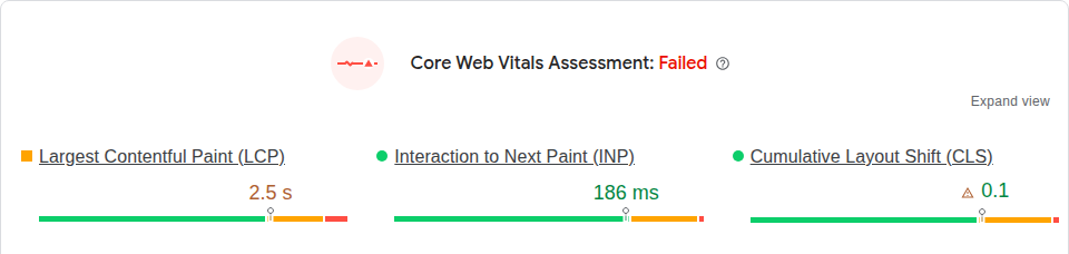 PageSpeed Insights Core Web Vitals assessment for LCP, INP, and CLS