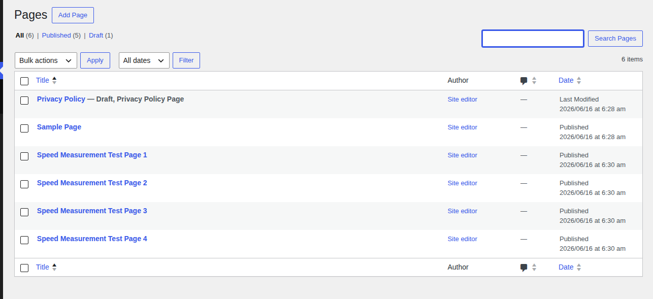 WordPress pages list showing different page types to test for website speed