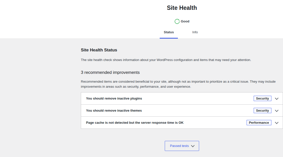 WordPress Site Health screen showing performance and configuration checks