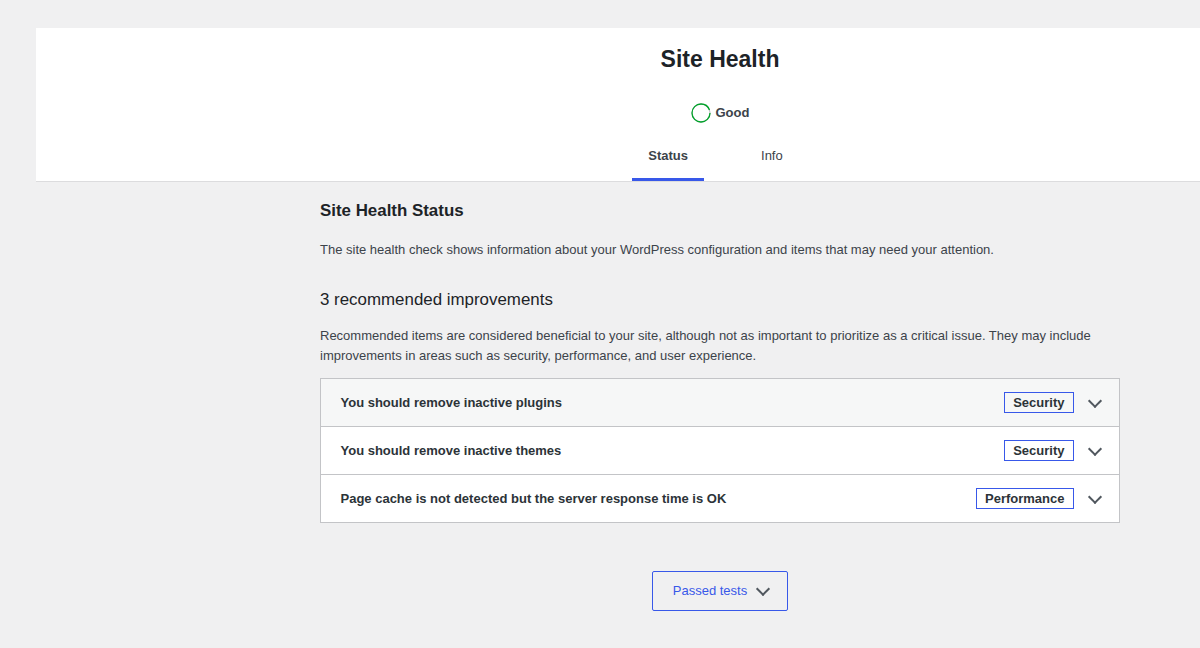WordPress Site Health overview for performance diagnostics