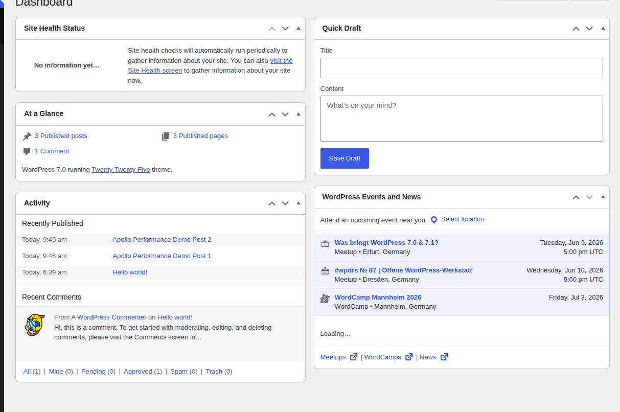 WordPress dashboard showing seeded pages and posts for baseline testing