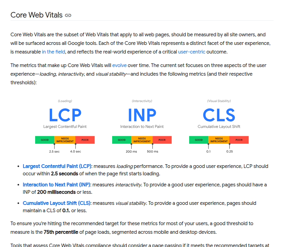 Official Core Web Vitals thresholds for LCP, INP, and CLS