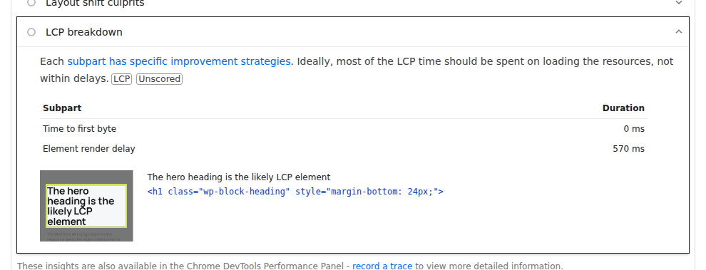 PageSpeed Insights LCP timing breakdown