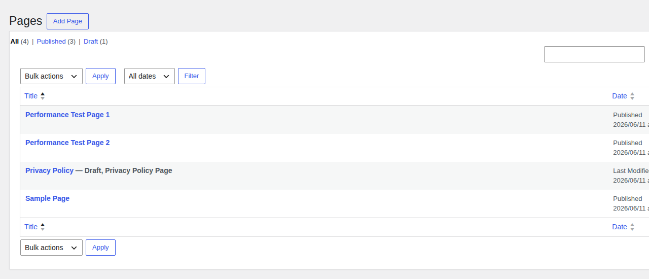 WordPress pages list for benchmarking key site URLs