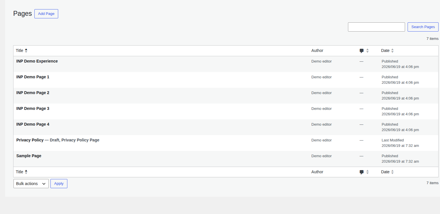 WordPress pages list for reviewing heavy or stale content