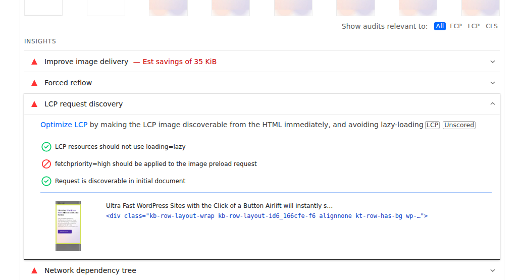 PageSpeed Insights LCP diagnostics and opportunities