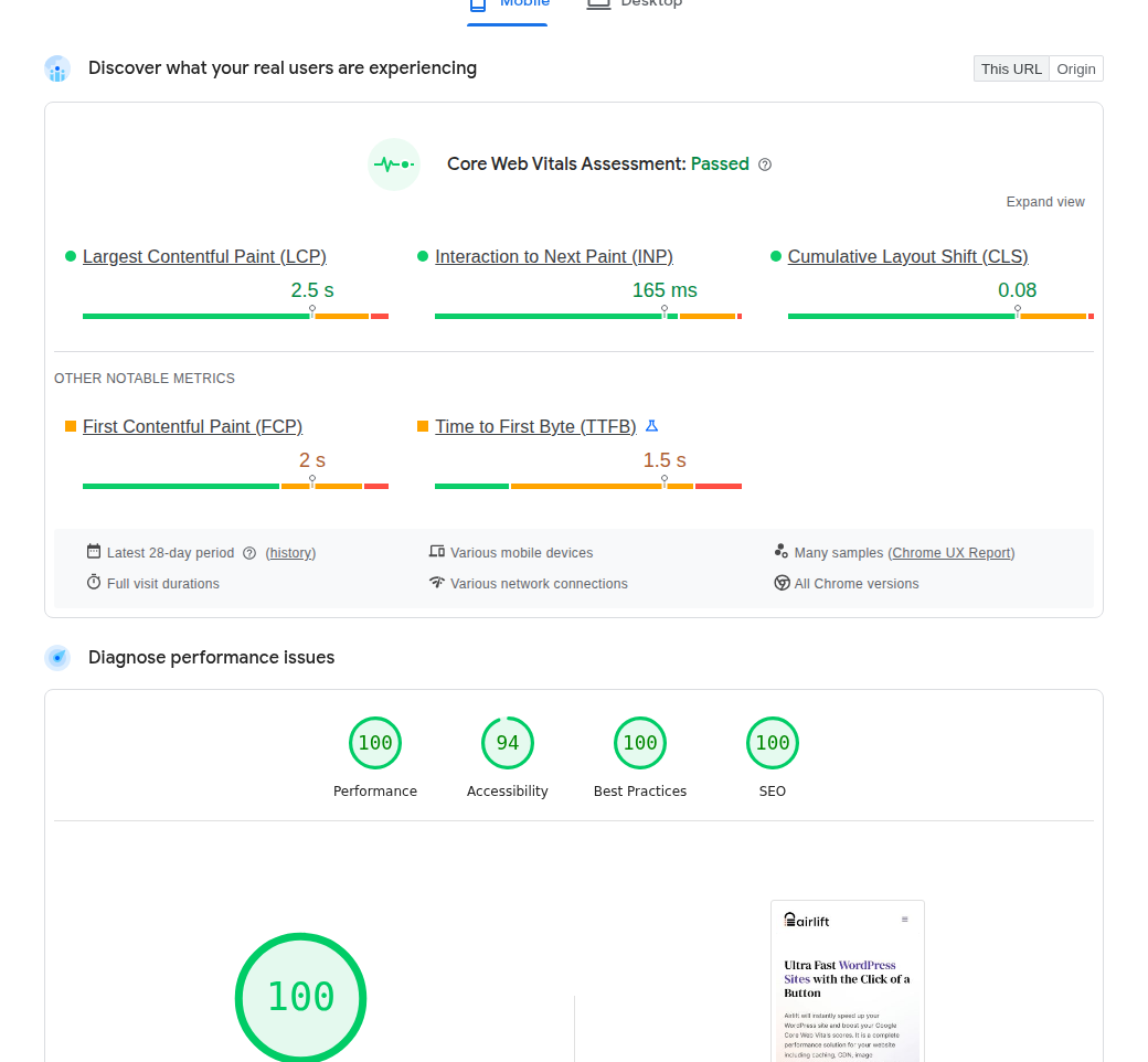 PageSpeed Insights report comparing field data and lab data