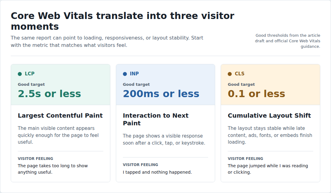 Comparison of LCP, INP, and CLS Core Web Vitals