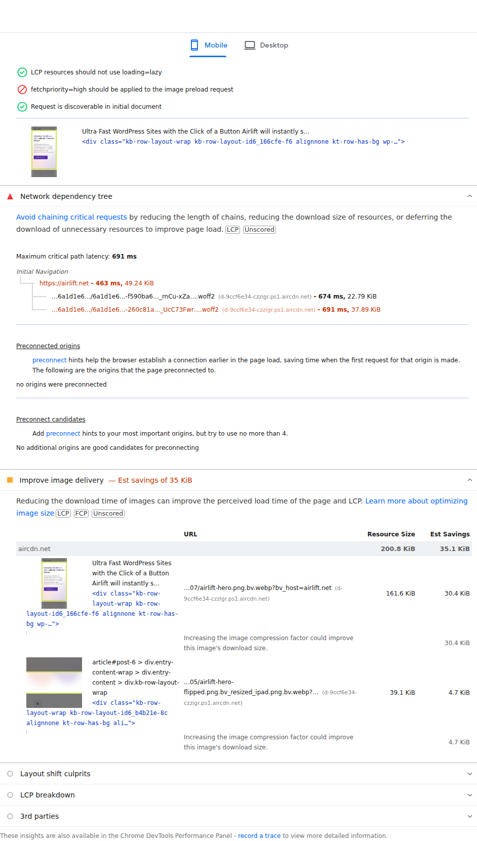 PageSpeed Insights diagnostics list showing performance opportunities and causes
