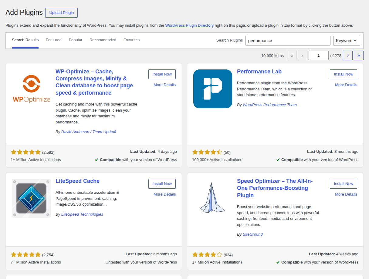 WordPress plugin search results for choosing one performance optimization tool