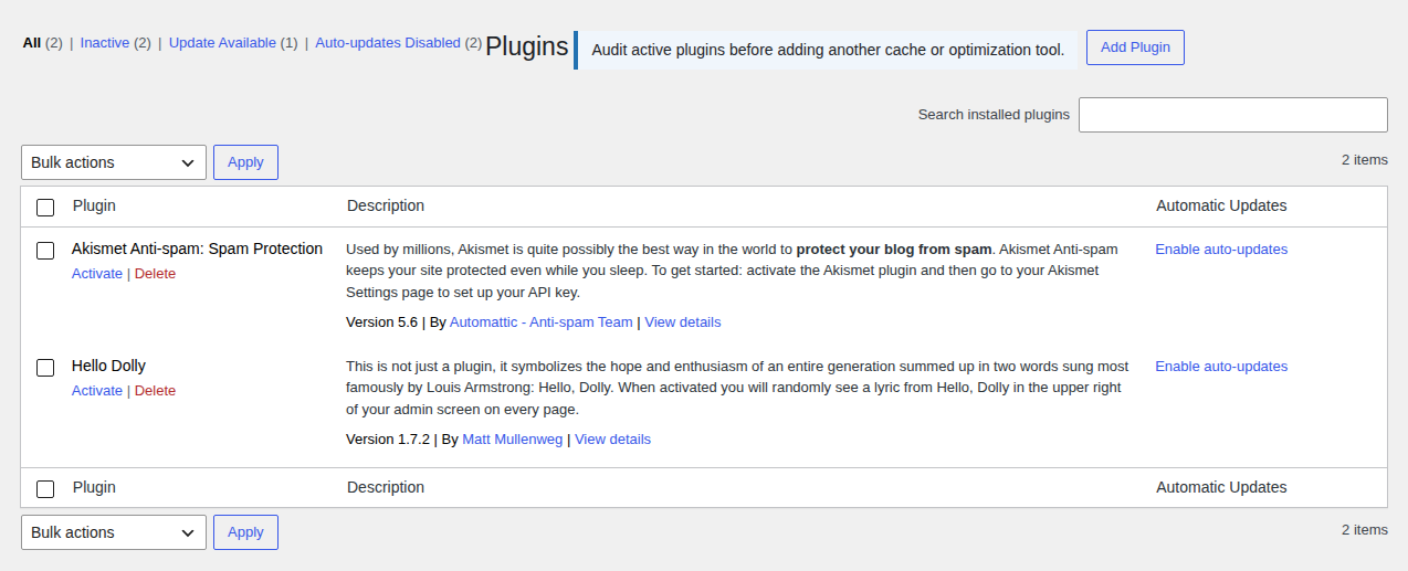 WordPress plugins list for checking overlapping cache tools