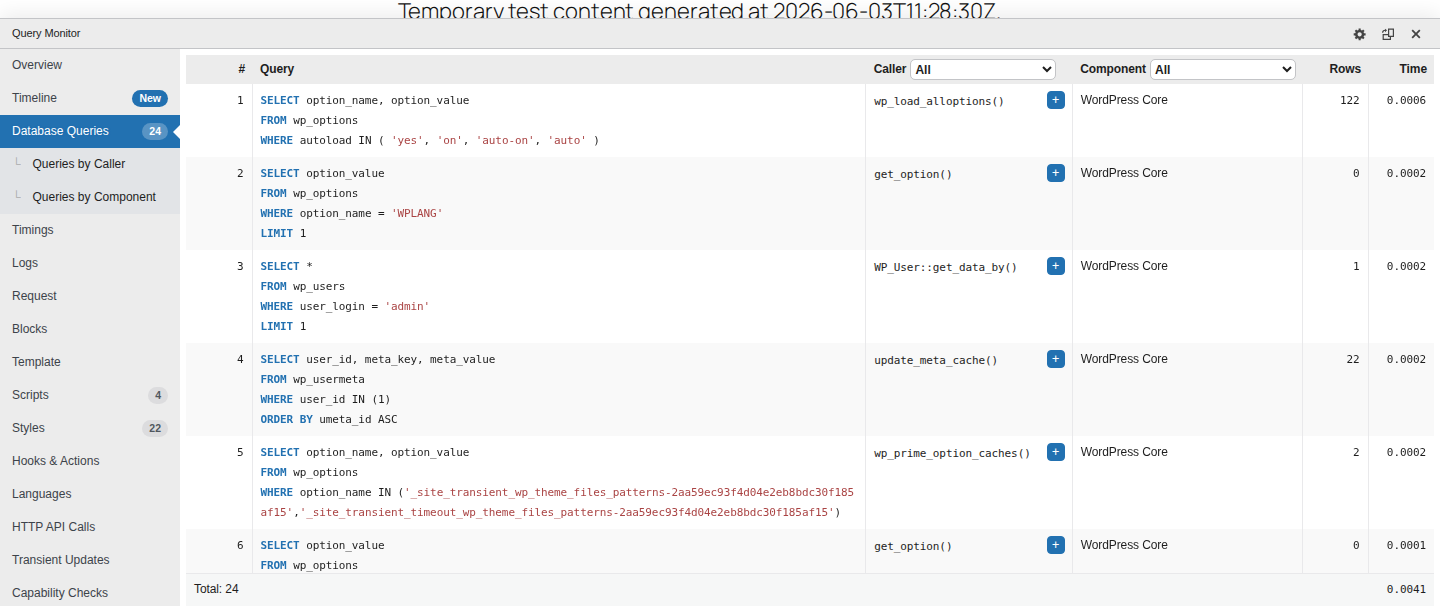 Query Monitor Database Queries panel for diagnosing WordPress query behavior