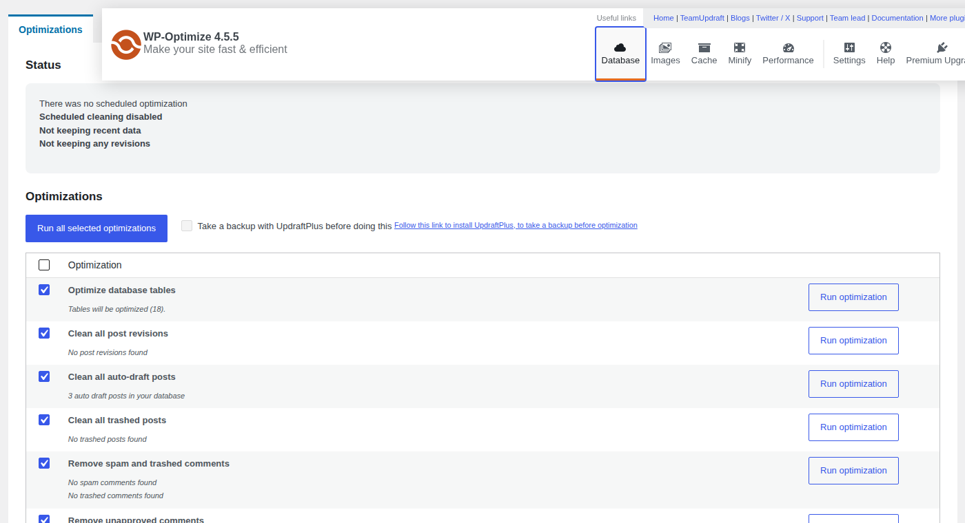 WP-Optimize database cleanup screen with backup warning